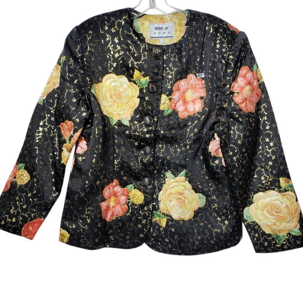 Yebeen Floral Satin Jacket With Gold Accents Silk /Polyester Black/ Gold Xlarge